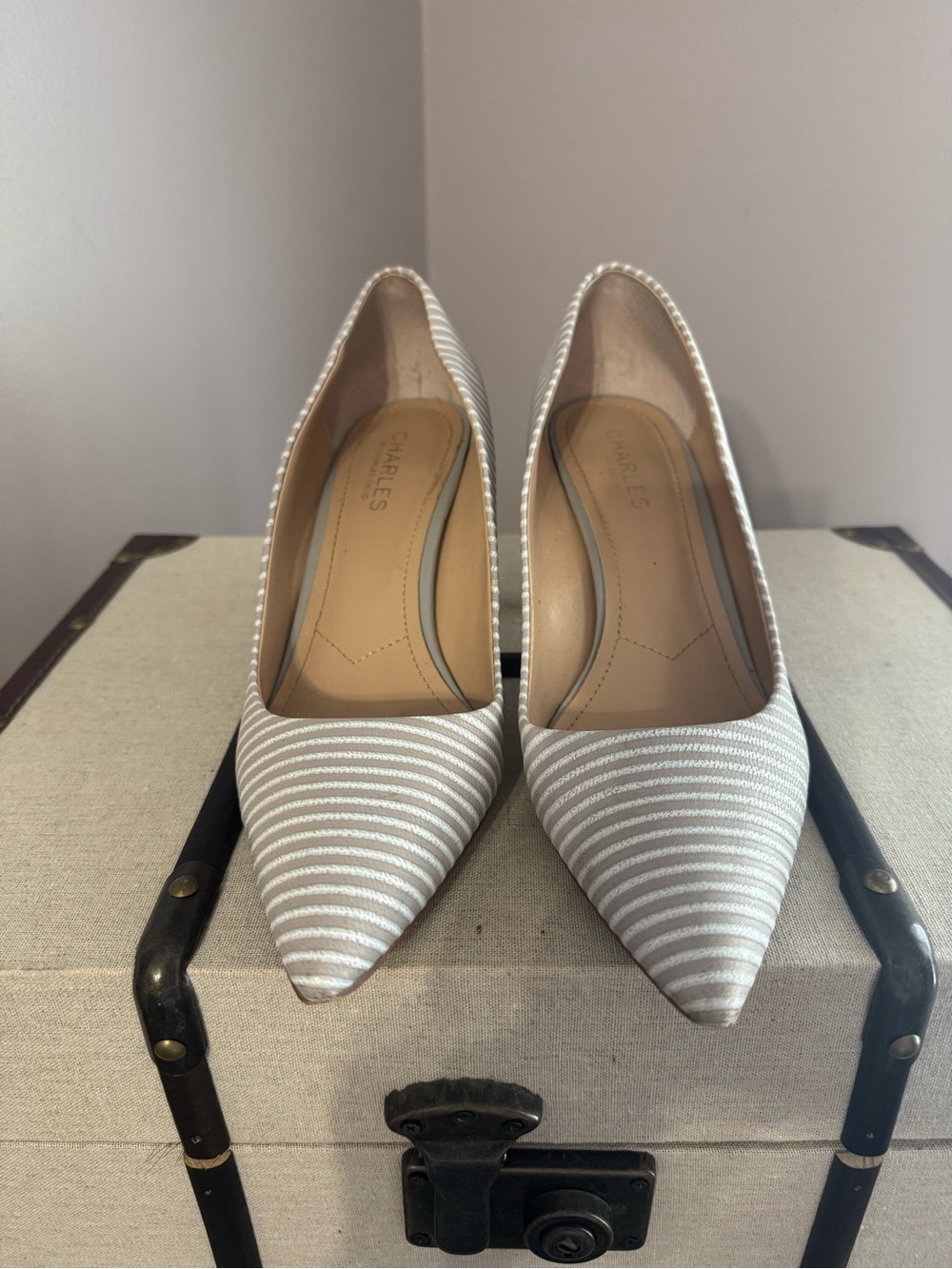 Charlies Striped Cream and White Pointed-Toe Pumps
